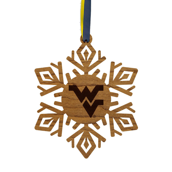 West Virginia University WV Snowflake Ornament – Crafted from Cherry and Maple Wood – West Virginia Mountaineers