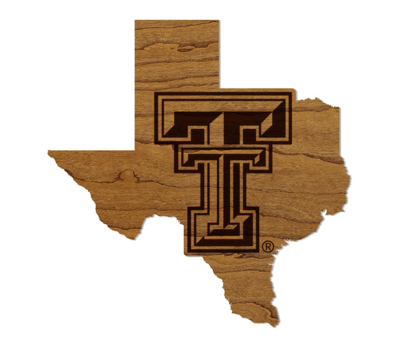 Texas Tech University Double T on State Magnet - Crafted from Cherry or Maple Wood - Texas Tech Red Raiders