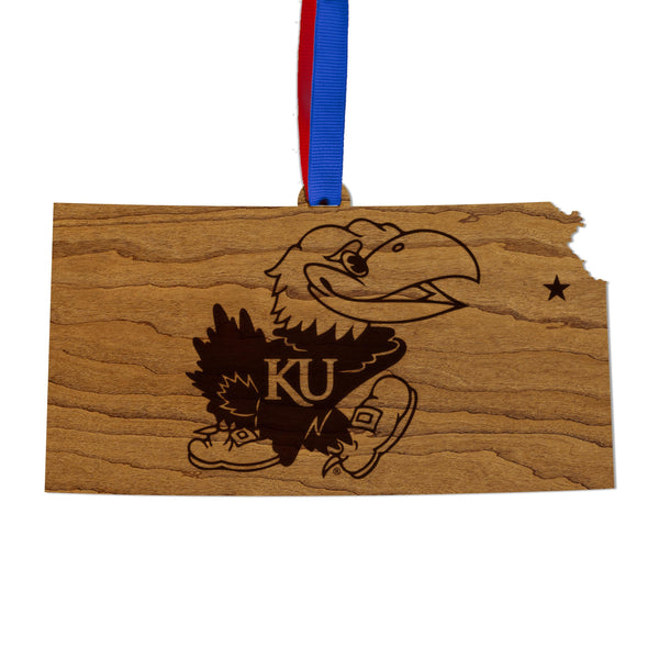Kansas University Jayhawks on State Ornament – Crafted from Cherry and Maple Wood – Kansas Jayhawks