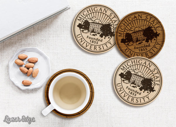 Michigan State University Seal Coaster – Crafted from Cherry or Maple Wood – Michigan State Spartans