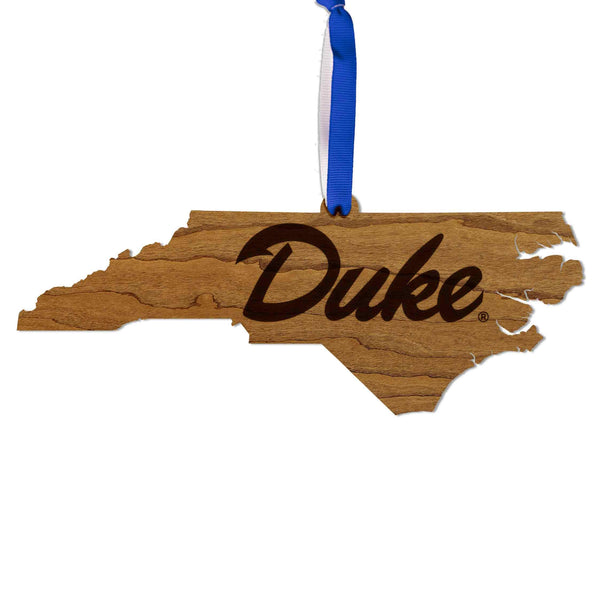 Duke Blue Devils Wordmark on State Ornament – Crafted from Cherry and Maple Wood – Duke University