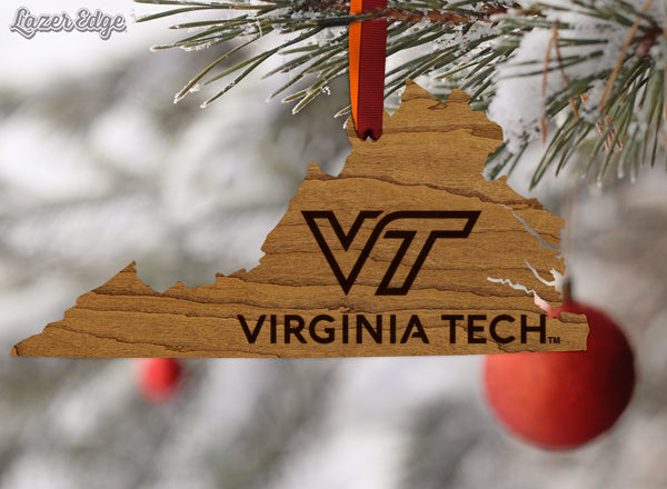 Virginia Tech Academic Mark on State Ornament – Crafted from Cherry and Maple Wood – Virginia Tech Hokies