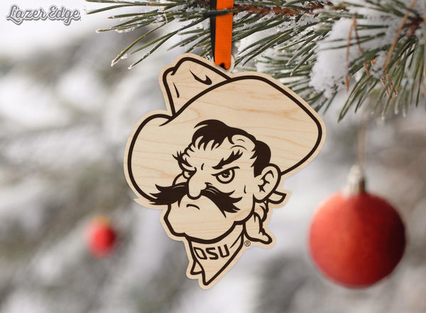 Oklahoma State Pistol Pete Ornament – Crafted from Cherry and Maple Wood – OSU Cowboys