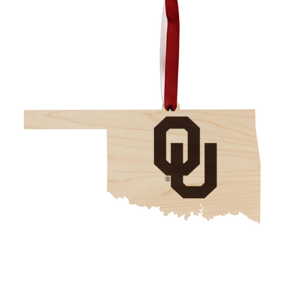 Oklahoma University OU on State Ornament – Crafted from Cherry and Maple Wood – Oklahoma University Sooners
