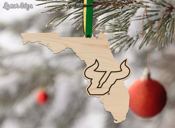 University of South Florida Bulls on State Ornament – Crafted from Cherry and Maple Wood – USF Bulls