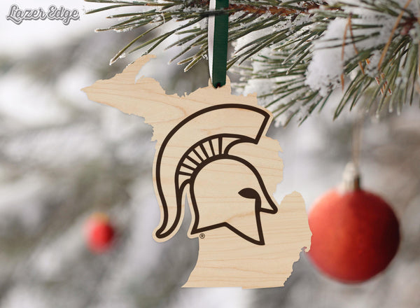 Michigan State University Spartans on State Ornament – Crafted from Cherry and Maple Wood – Michigan State Spartans