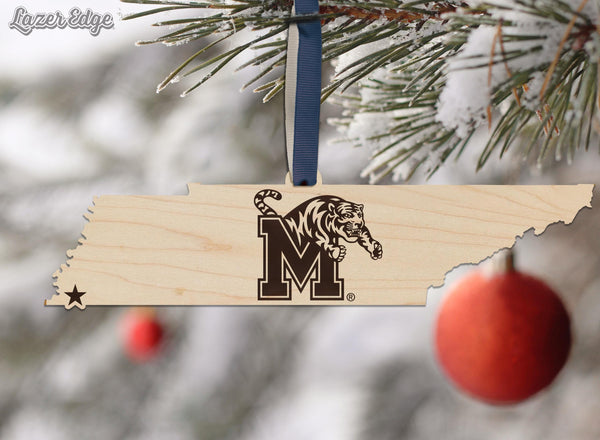 University of Memphis Block M on State Ornament – Crafted from Cherry and Maple Wood – Memphis Tigers