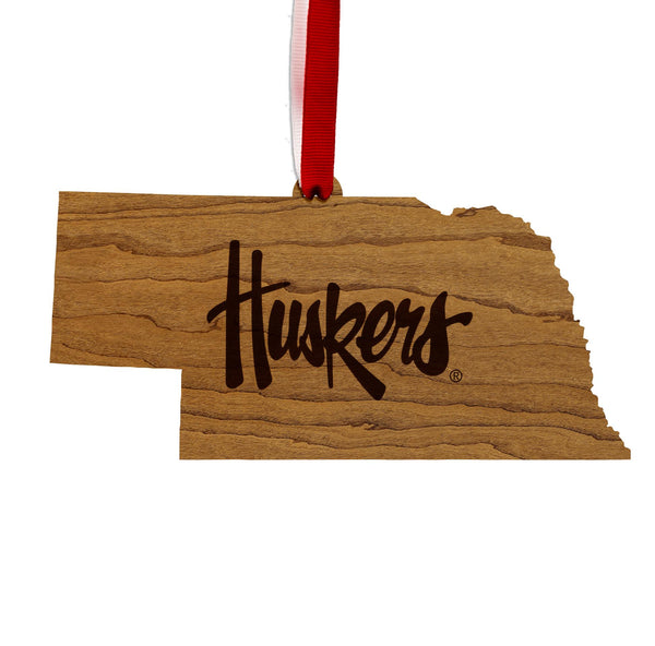 University of Nebraska Huskers on State Ornament - Crafted from Cherry or Maple Wood - Nebraska Huskers