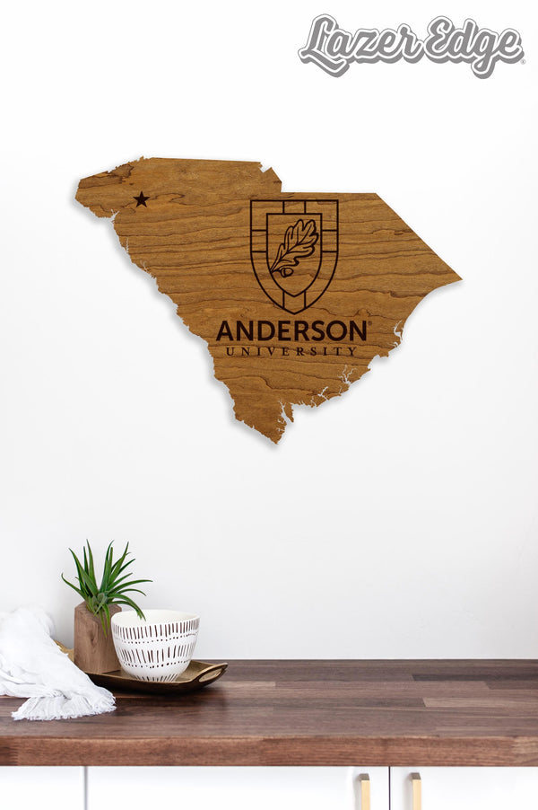 Anderson University Institution Mark on State Wall Hanging - Crafted from Cherry or Maple Wood - Anderson Trojans
