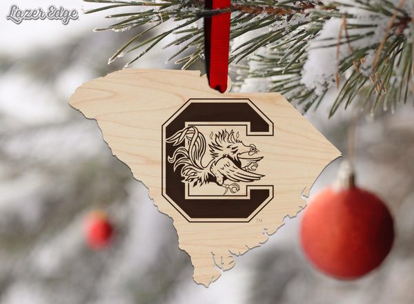 University of South Carolina Gamecocks on State Ornament – Crafted from Cherry and Maple Wood – USC Gamecocks