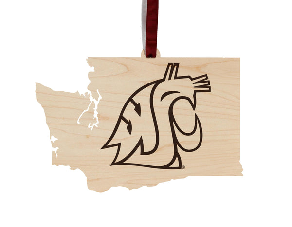 Washington State University Cougar on State Ornament – Crafted from Cherry and Maple Wood – Washington State Cougars