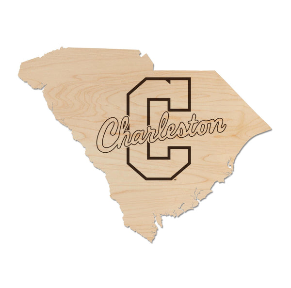 College of Charleston Logo on State Wall Hanging - Crafted from Cherry or Maple Wood - Charleston Cougars