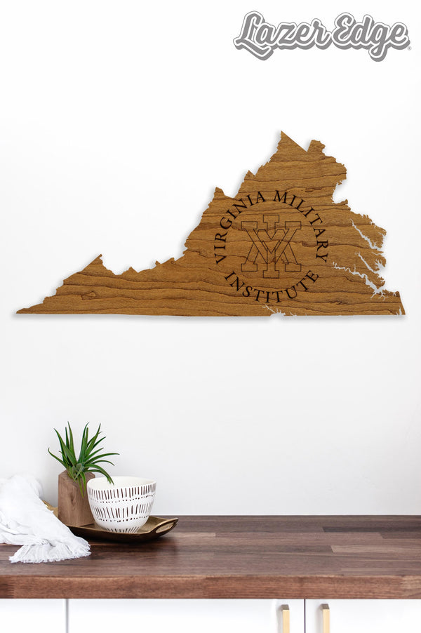 Virginia Military Institute Logo on State Wall Hanging - Crafted from Cherry and Maple Wood - VMI Keydets