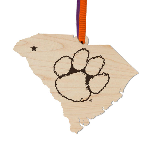 Clemson University Tiger Paw on State Ornament – Crafted from Cherry and Maple Wood – Clemson Tigers