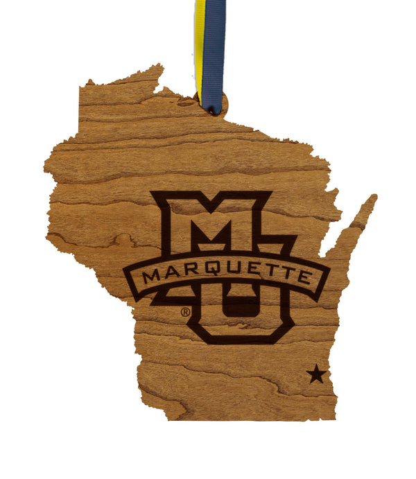 Marquette University Logo on State Ornament – Crafted from Cherry and Maple Wood – Marquette Golden Eagles