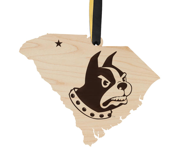 Wofford College Terriers on State Ornament – Crafted from Cherry and Maple Wood – Wofford Terriers
