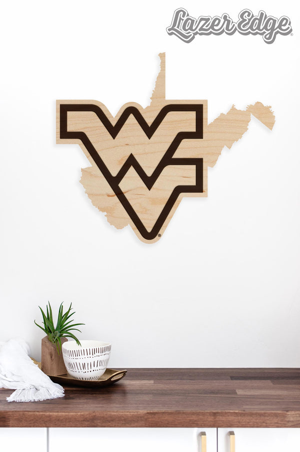 West Virginia University WV Logo on State Wall Hanging - Crafted from Cherry and Maple Wood - West Virginia Mountaineers