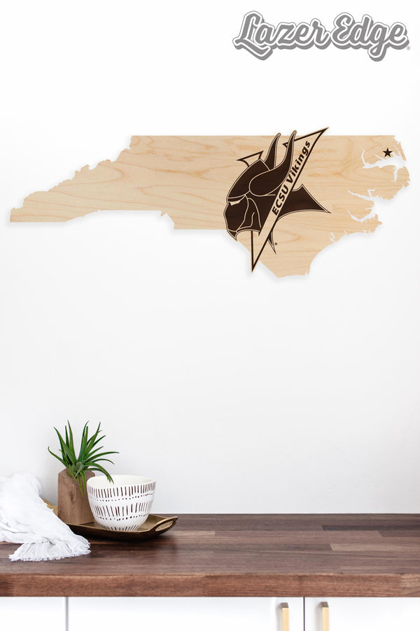 Elizabeth City State University Vikings Logo on State Wall Hanging - Crafted from Cherry or Maple Wood - ESCU Vikings