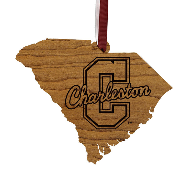 College of Charleston Logo on State Ornament – Crafted from Cherry and Maple Wood – College of Charleston