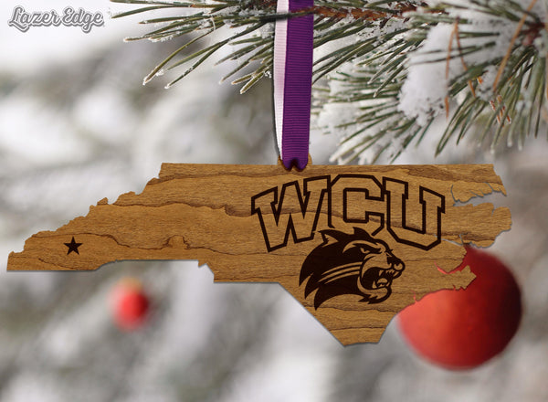 Western Carolina Catamounts on State Ornament – Crafted from Cherry and Maple Wood – WCU Catamounts