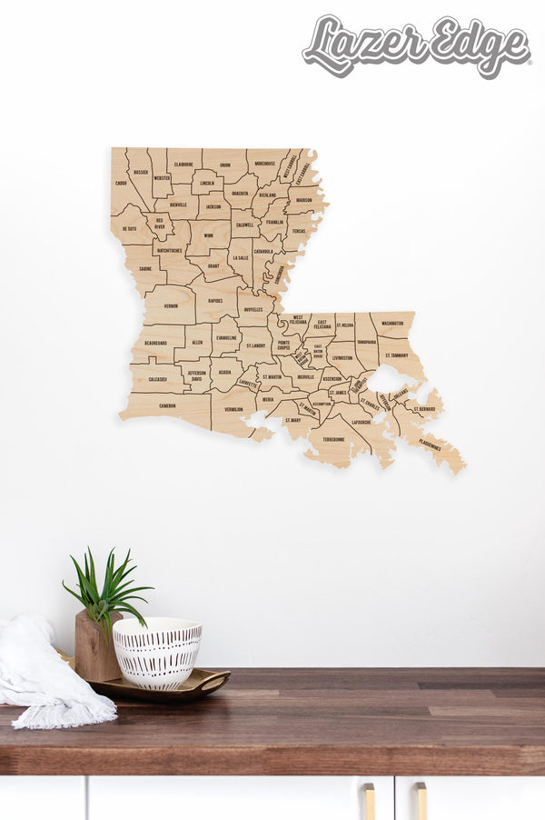 Louisiana County Map Wall Hanging - Crafted from Cherry or Maple Wood