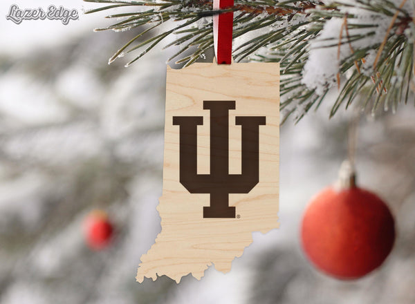 Indiana University IU on State Ornament – Crafted from Cherry and Maple Wood – Indiana Hoosiers
