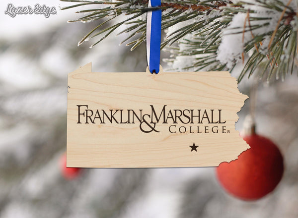 Franklin & Marshall Logo on State Ornament – Crafted from Cherry and Maple Wood – Franklin and Marshall College