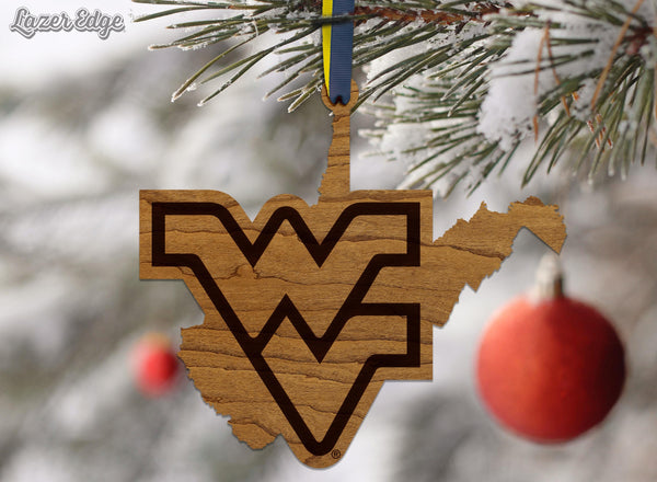 West Virginia University WV on State Ornament – Crafted from Cherry and Maple Wood – West Virginia Mountaineers