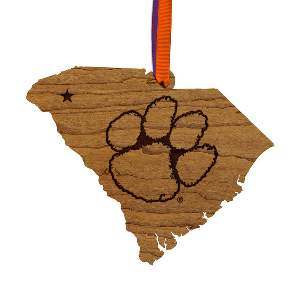 Clemson University Tiger Paw on State Ornament – Crafted from Cherry and Maple Wood – Clemson Tigers