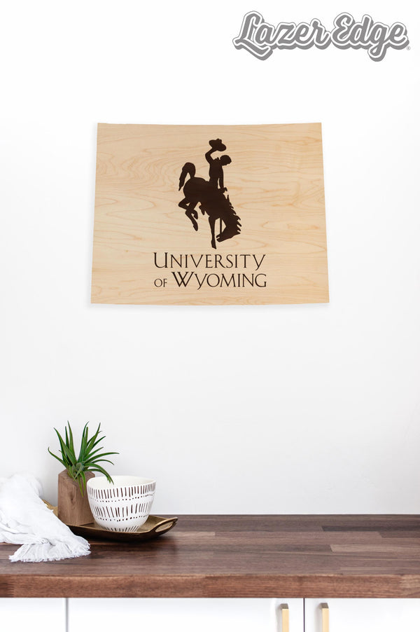 University of Wyoming Logo on State Wall Hanging - Crafted from Cherry and Maple Wood - Wyoming Cowboys