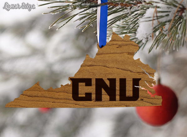 Christopher Newport University Initials on State Ornament – Crafted from Cherry and Maple Wood – CNU Captains