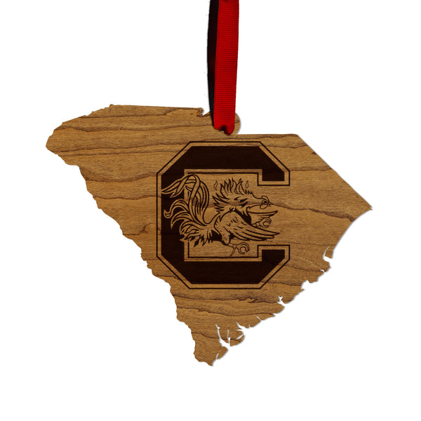 University of South Carolina Gamecocks on State Ornament – Crafted from Cherry and Maple Wood – USC Gamecocks