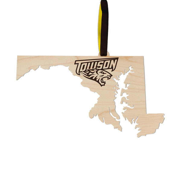 Towson University Tigers on State Ornament – Crafted from Cherry and Maple Wood – Towson Tigers