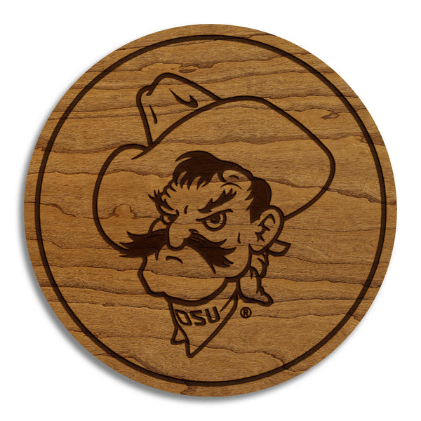 Oklahoma State University Pistol Pete Head Coaster – Crafted from Cherry or Maple Wood – Oklahoma State University
