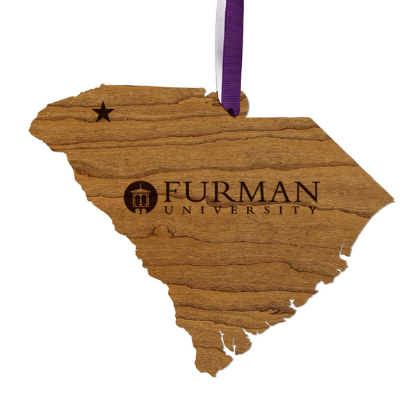 Furman University Wordmark on State Ornament – Crafted from Cherry Wood or Maple Wood - Furman Paladins