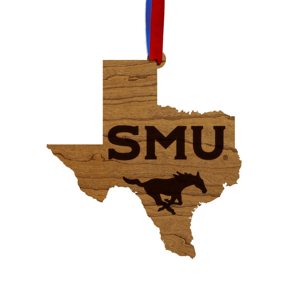 Southern Methodist University Mustang on State Ornament –Crafted from Cherry and Maple Wood – SMU Mustangs