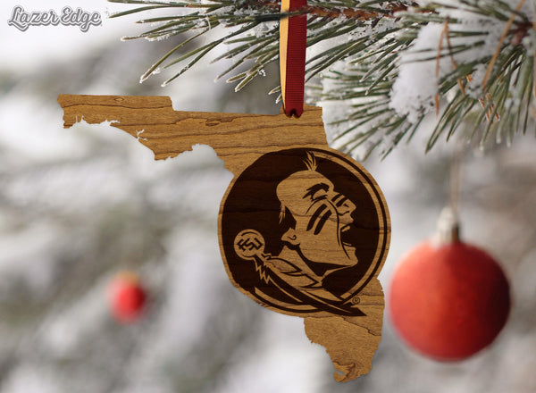 Florida State University Seminoles on State Ornament – Crafted from Cherry and Maple Wood – Florida State Seminoles