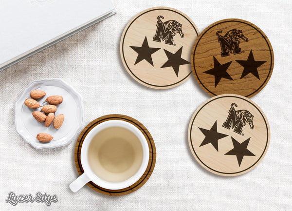 University of Memphis Block M Tri Star Coaster – Crafted from Cherry or Maple Wood – Memphis Tigers