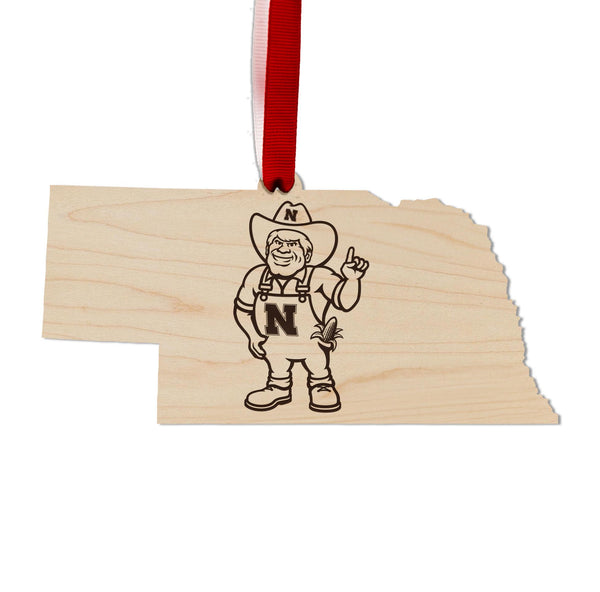 University of Nebraska Herbie on State Ornament - Crafted from Cherry or Maple Wood - Nebraska Huskers
