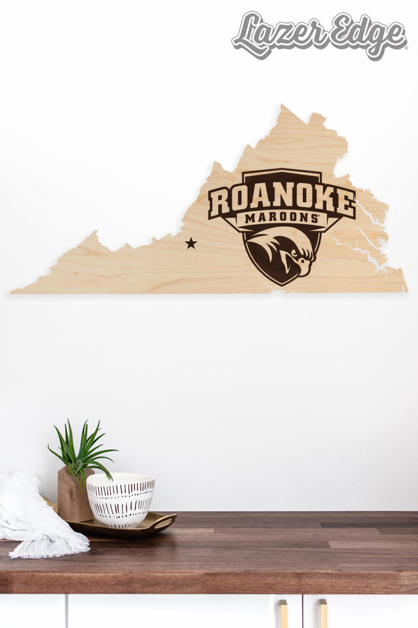 Roanoke College Maroons on State Wall Hanging - Crafted from Cherry and Maple Wood - Roanoke Maroons