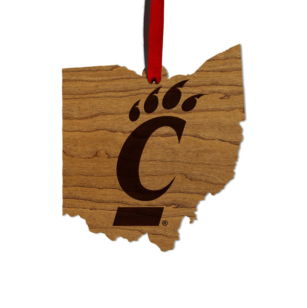 University of Cincinnati Bearcat on State Ornament – Crafted from Cherry and Maple Wood – Cincinnati Bearcats