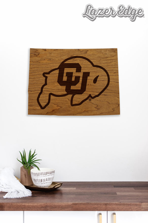 University of Colorado Buffaloes on State Wall Hanging - Crafted from Cherry and Maple Wood - Colorado Buffaloes