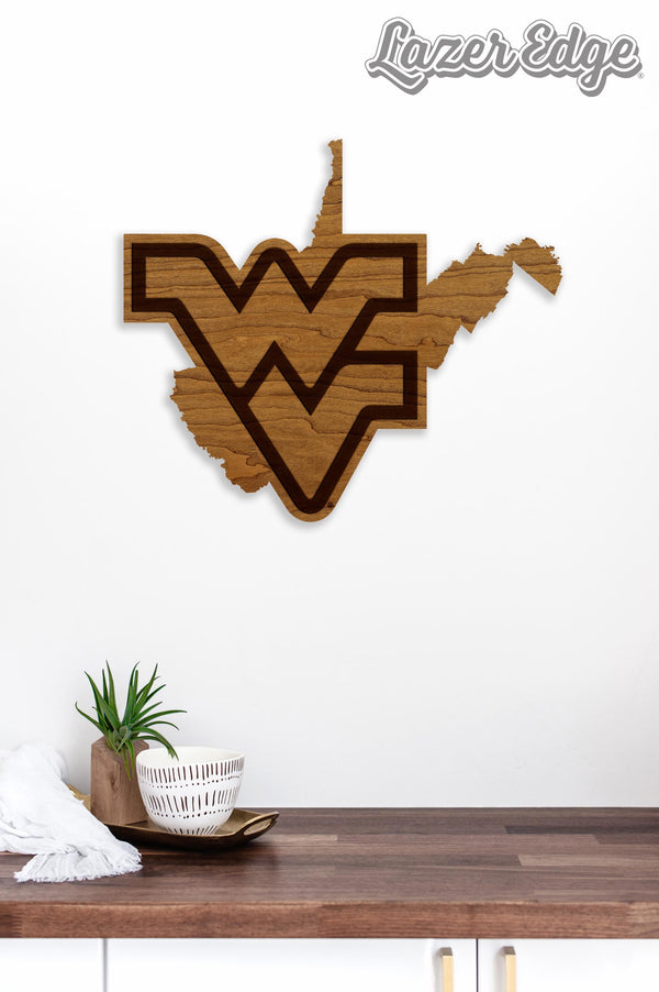 West Virginia University WV Logo on State Wall Hanging - Crafted from Cherry and Maple Wood - West Virginia Mountaineers