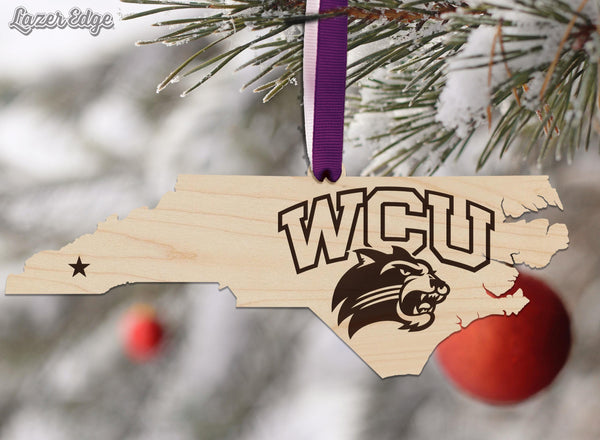 Western Carolina Catamounts on State Ornament – Crafted from Cherry and Maple Wood – WCU Catamounts