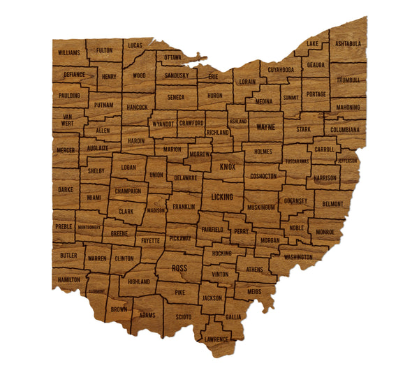 Ohio County Map Wall Hanging - Crafted from Cherry or Maple Wood