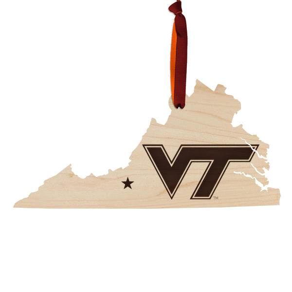 Virginia Tech VT on State Ornament – Crafted from Cherry and Maple Wood – Virginia Tech Hokies