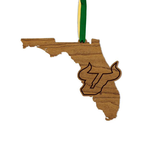 University of South Florida Bulls on State Ornament – Crafted from Cherry and Maple Wood – USF Bulls
