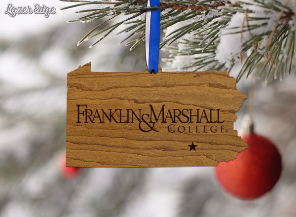 Franklin & Marshall Logo on State Ornament – Crafted from Cherry and Maple Wood – Franklin and Marshall College
