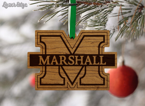 Marshall University Logo Ornament – Crafted from Cherry and Maple Wood – Marshall Bison