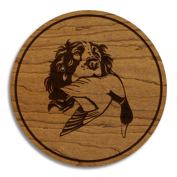 Spaniel Duck Hunting Coaster – Crafted from Cherry or Maple Wood